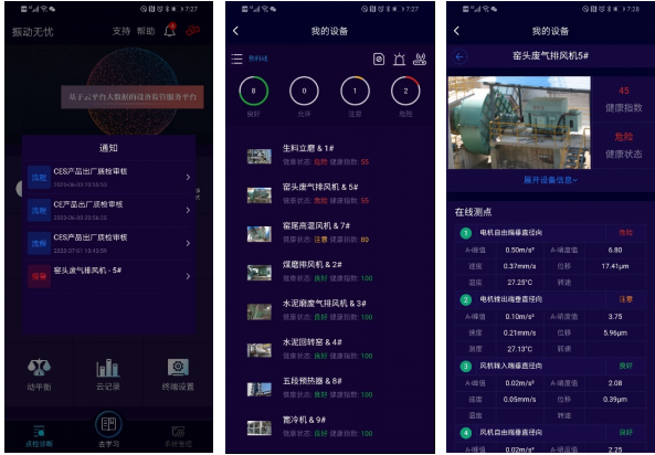 图. 1 报警提醒（左）、设备健康总览（中）、设备健康详情（右）