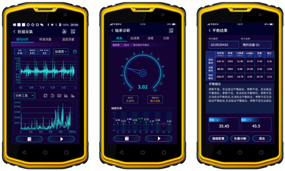 图. 4 智能振动分析（左）、智能轴承诊断（中）、转子动平衡（右）